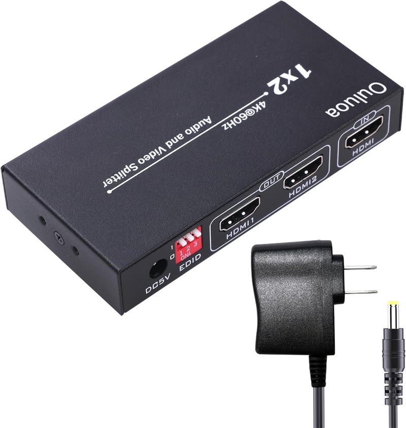 Ouluoa HDMI Splitter 1 in 2 Out 4K@60Hz - HDCP 2.2 & HDR10 Support | 18Gbps HDMI 2.0, EDID Management | Compatible with Roku, Fire TV, PS4, Xbox, 4K TV, Blu-Ray Player - Image 1